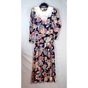 VTG Early 90s Dress Floral by Karin Stevens Rayon Long Skirt Prairie Cottage Cor